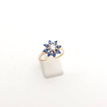 9ct Yellow Gold Vintage Marquise Cut Blue Stone And Clear Stone Cluster Ring