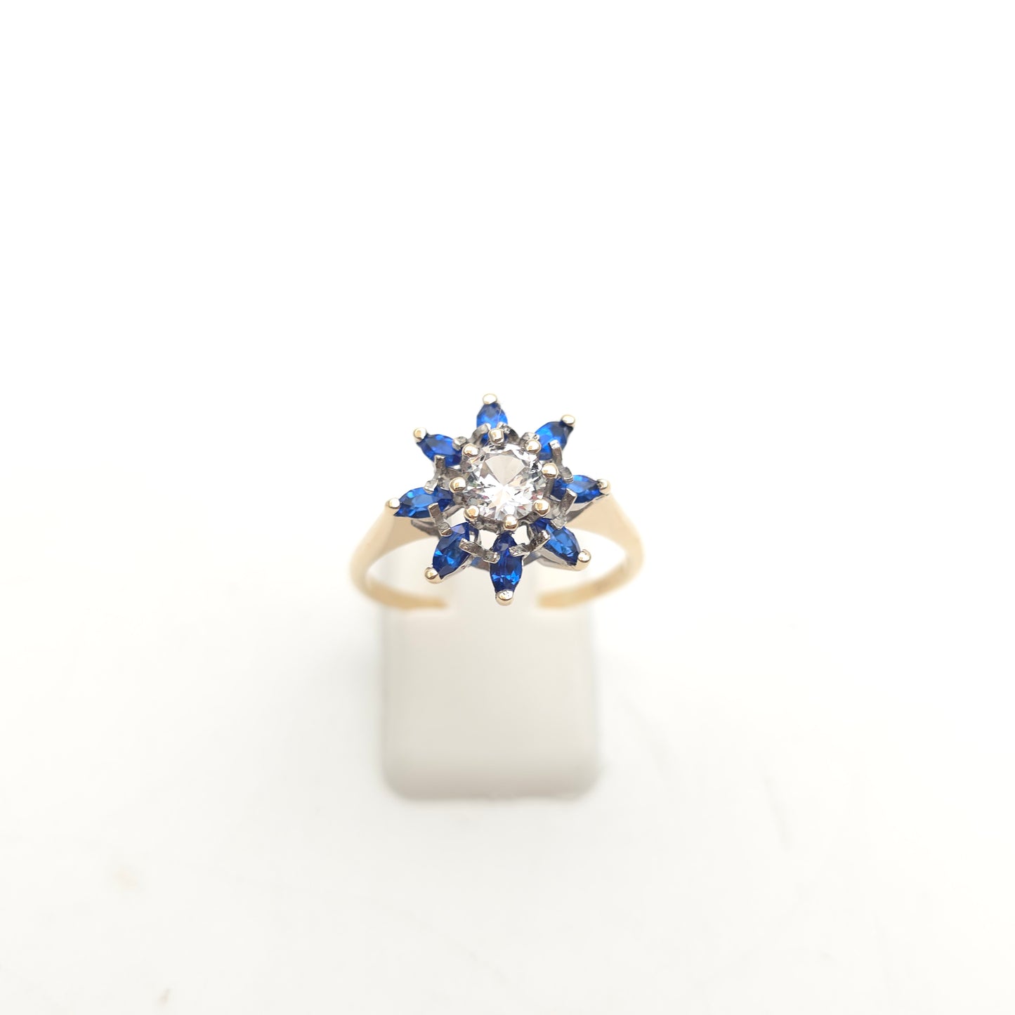 9ct Yellow Gold Vintage Marquise Cut Blue Stone And Clear Stone Cluster Ring