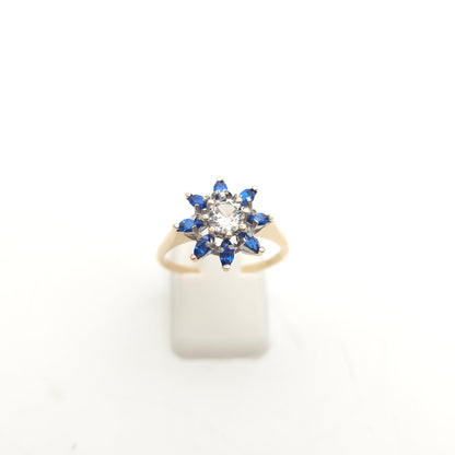 9ct Yellow Gold Vintage Marquise Cut Blue Stone And Clear Stone Cluster Ring