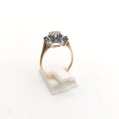 9ct Yellow Gold Vintage Marquise Cut Blue Stone And Clear Stone Cluster Ring