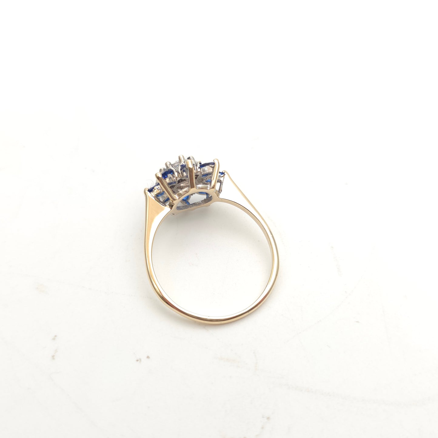 9ct Yellow Gold Vintage Marquise Cut Blue Stone And Clear Stone Cluster Ring