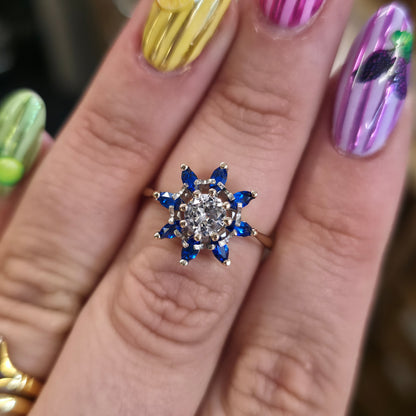 9ct Yellow Gold Vintage Marquise Cut Blue Stone And Clear Stone Cluster Ring