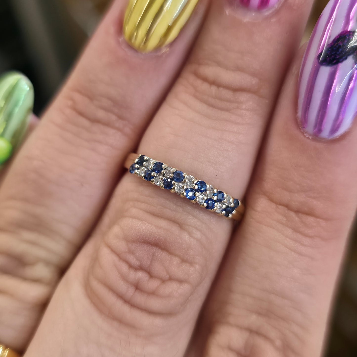 9ct Yellow Gold Alternating Sapphire And Diamond Two Row Half Eternity Ring