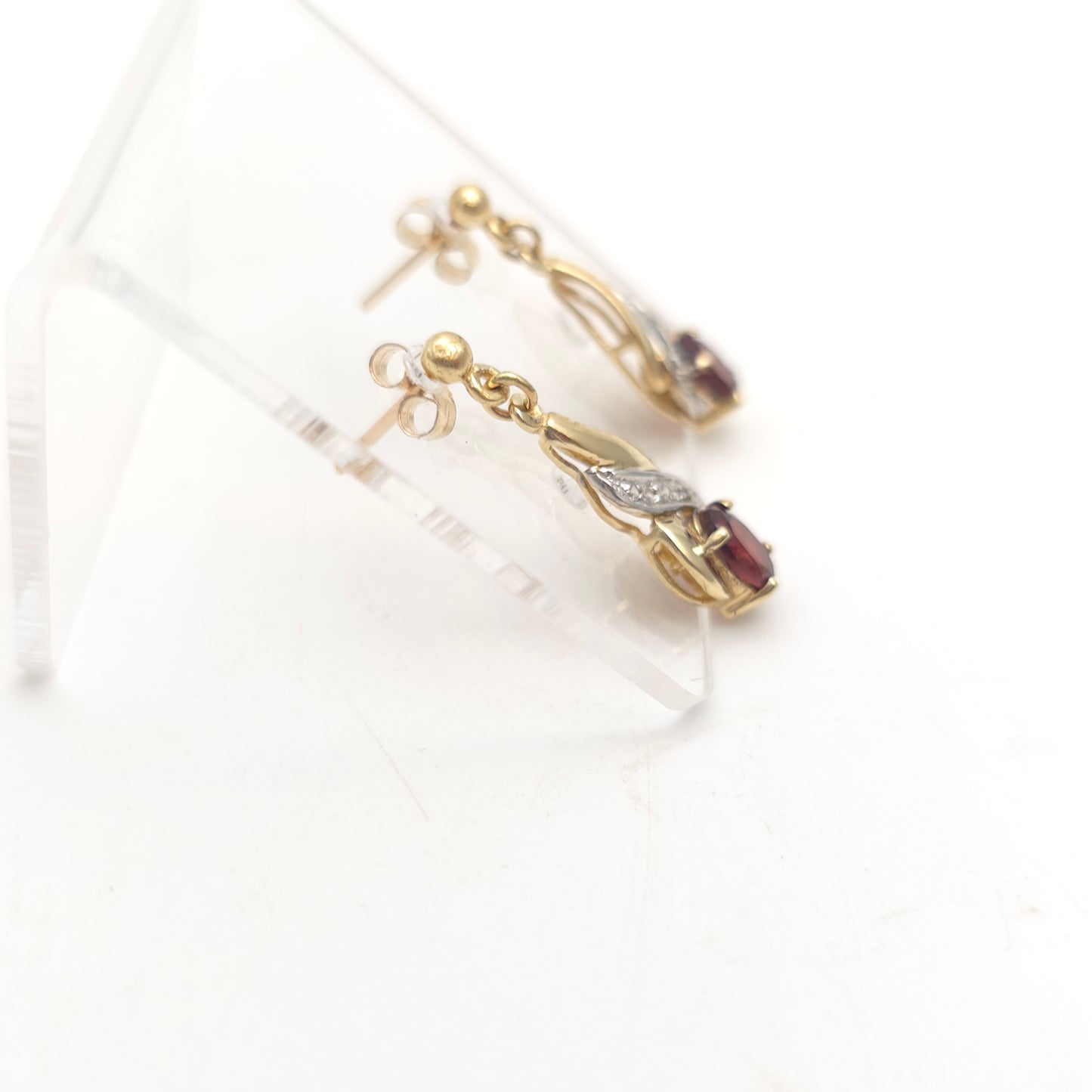 9ct Yellow Gold Vintage Garnet And Diamond Traditional Drop Earrings