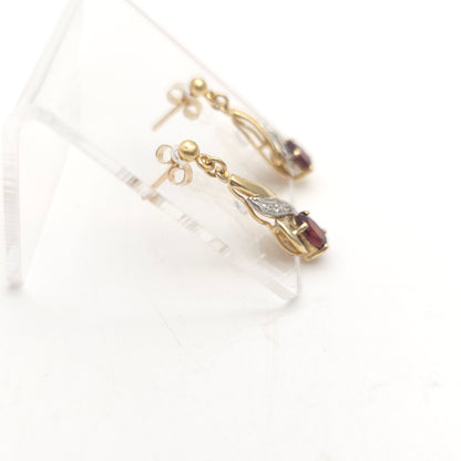 9ct Yellow Gold Vintage Garnet And Diamond Traditional Drop Earrings