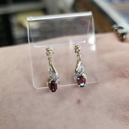 9ct Yellow Gold Vintage Garnet And Diamond Traditional Drop Earrings