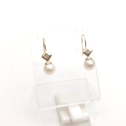 9ct Yellow Gold Vintage Pearl And Diamond Shepherds Hook Drop Earrings