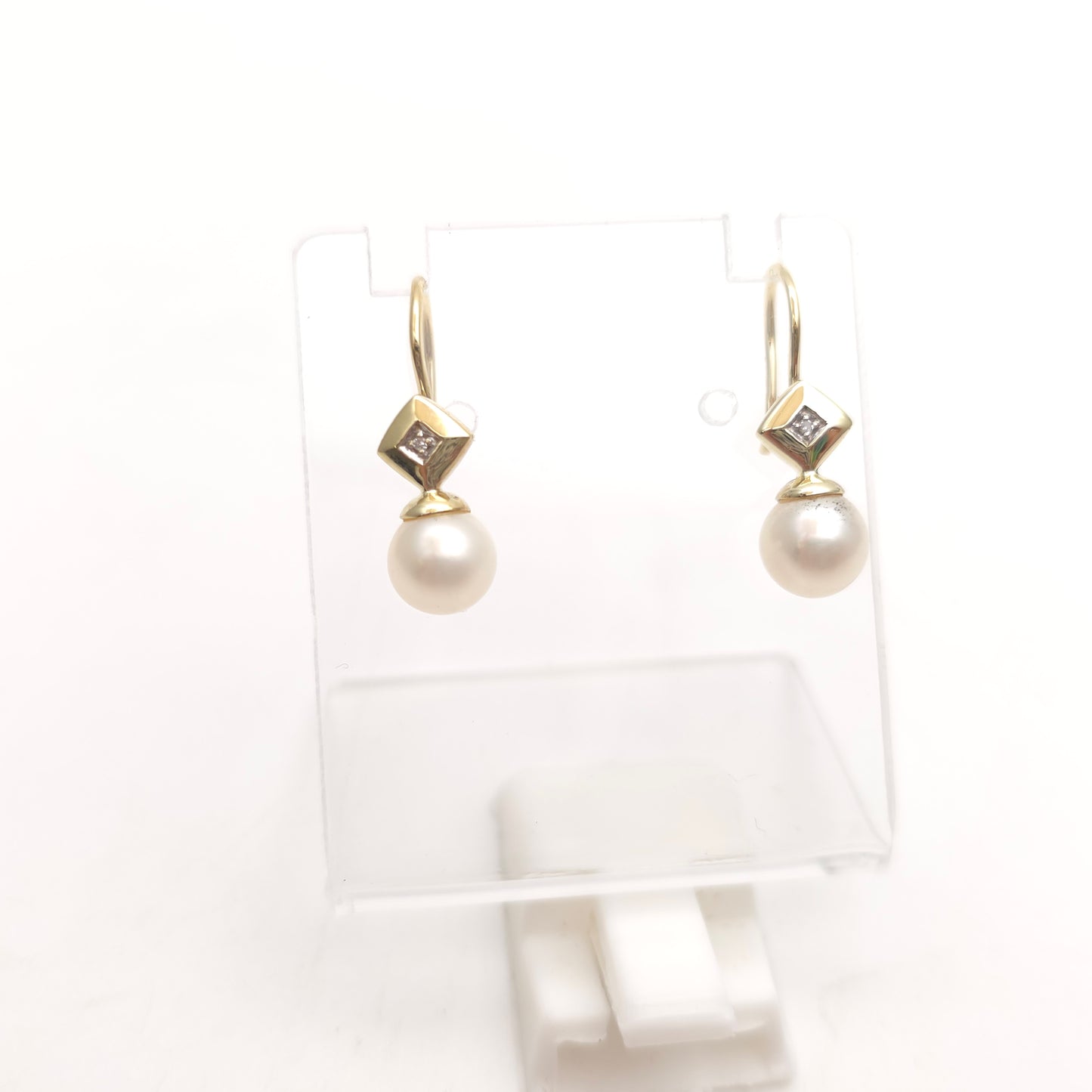 9ct Yellow Gold Vintage Pearl And Diamond Shepherds Hook Drop Earrings