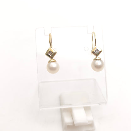9ct Yellow Gold Vintage Pearl And Diamond Shepherds Hook Drop Earrings
