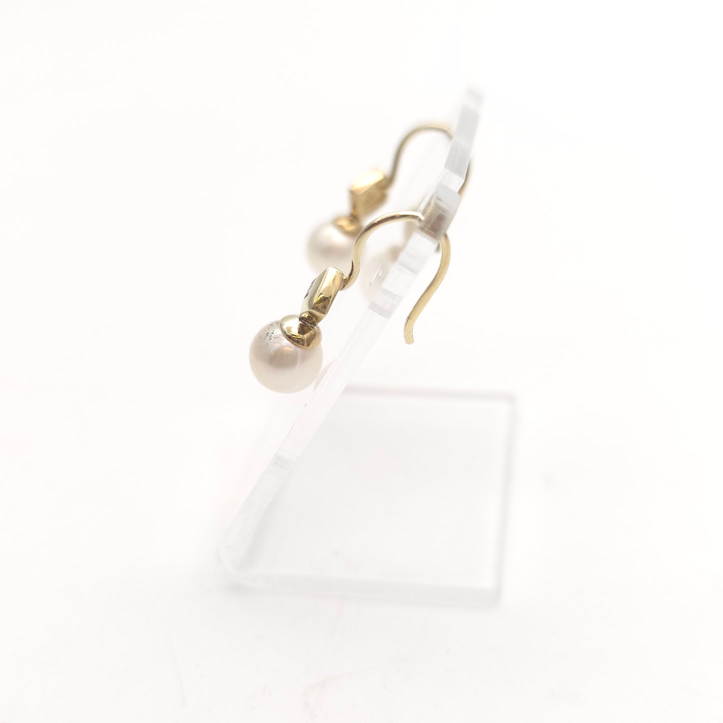 9ct Yellow Gold Vintage Pearl And Diamond Shepherds Hook Drop Earrings