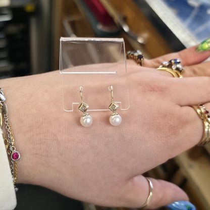9ct Yellow Gold Vintage Pearl And Diamond Shepherds Hook Drop Earrings
