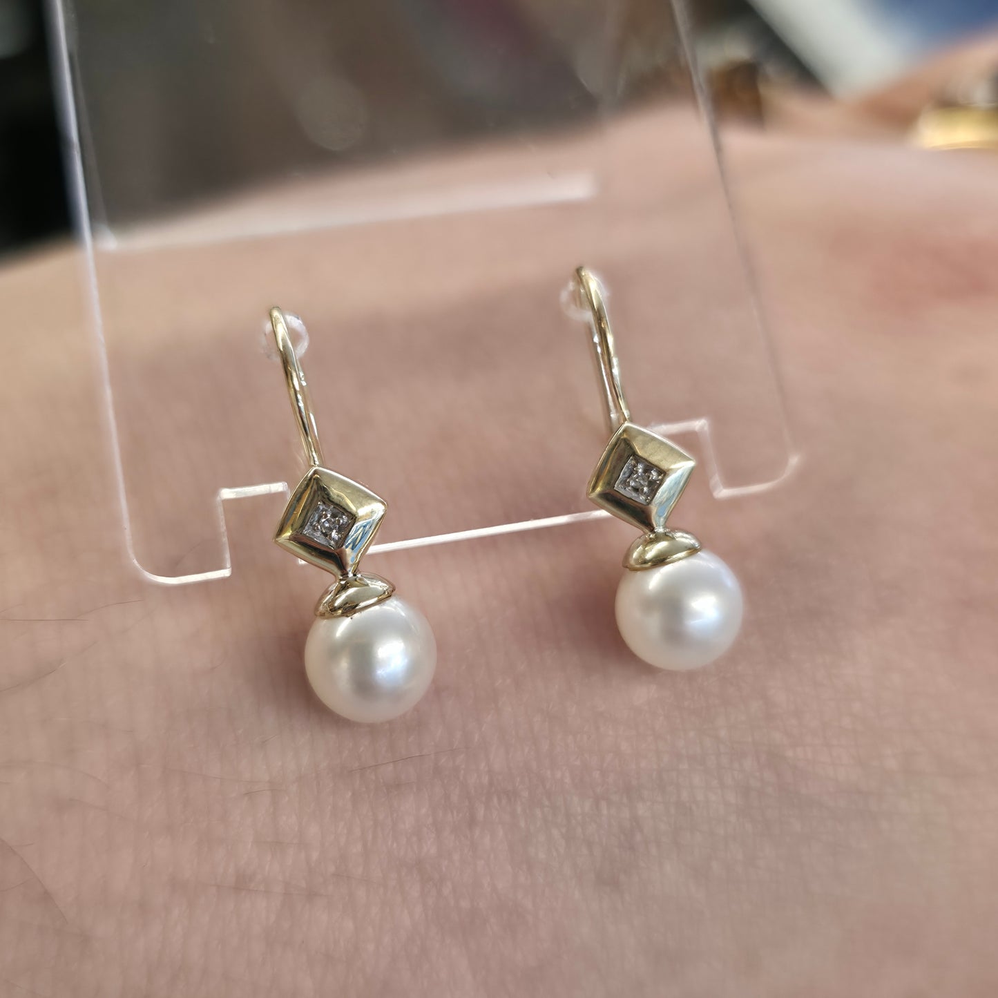 9ct Yellow Gold Vintage Pearl And Diamond Shepherds Hook Drop Earrings