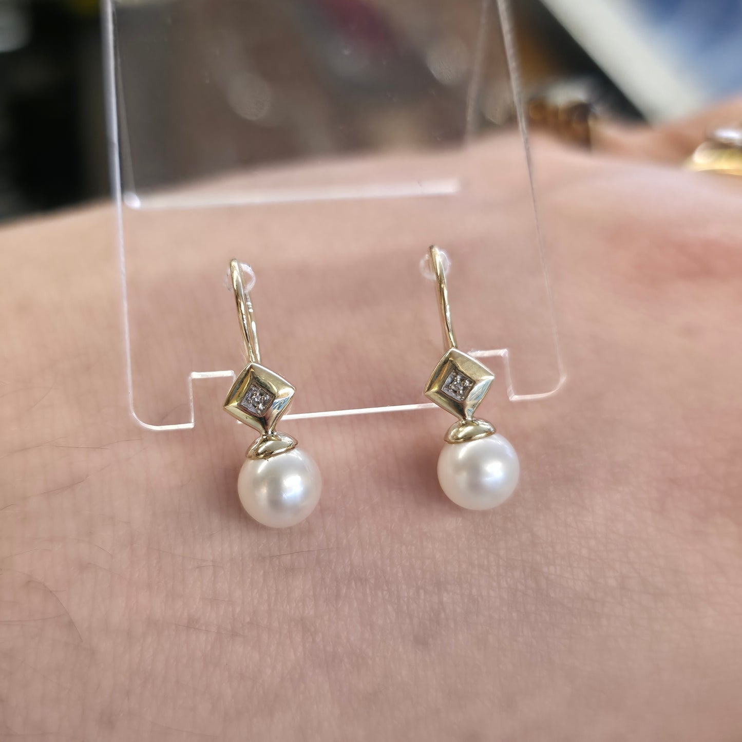9ct Yellow Gold Vintage Pearl And Diamond Shepherds Hook Drop Earrings