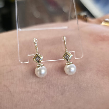 9ct Yellow Gold Vintage Pearl And Diamond Shepherds Hook Drop Earrings