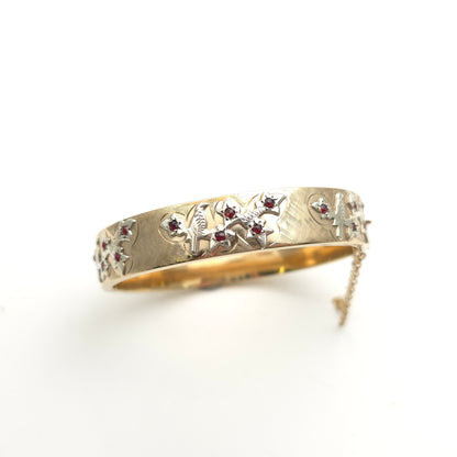 9ct Yellow Gold Vintage Small Round Cut Garnet Set Bird On Leafy Branch Bangle
