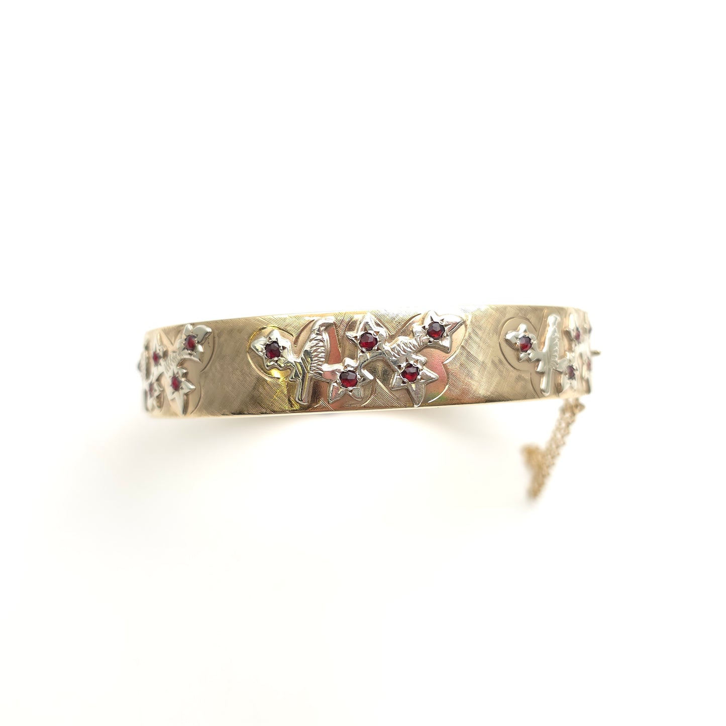 9ct Yellow Gold Vintage Small Round Cut Garnet Set Bird On Leafy Branch Bangle