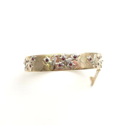 9ct Yellow Gold Vintage Small Round Cut Garnet Set Bird On Leafy Branch Bangle