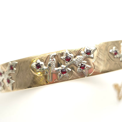9ct Yellow Gold Vintage Small Round Cut Garnet Set Bird On Leafy Branch Bangle