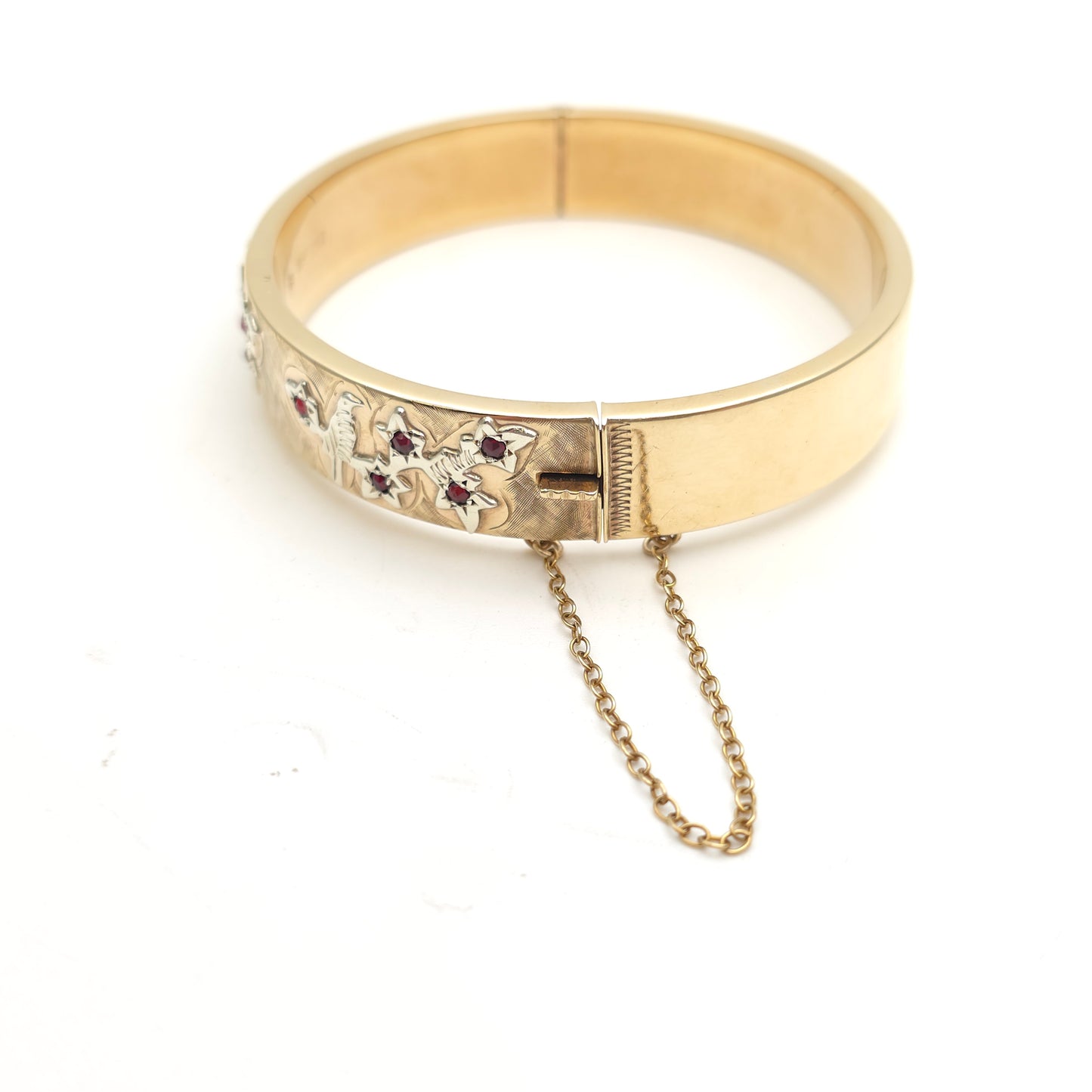 9ct Yellow Gold Vintage Small Round Cut Garnet Set Bird On Leafy Branch Bangle