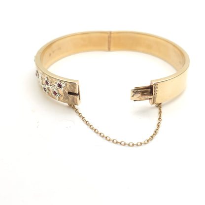 9ct Yellow Gold Vintage Small Round Cut Garnet Set Bird On Leafy Branch Bangle