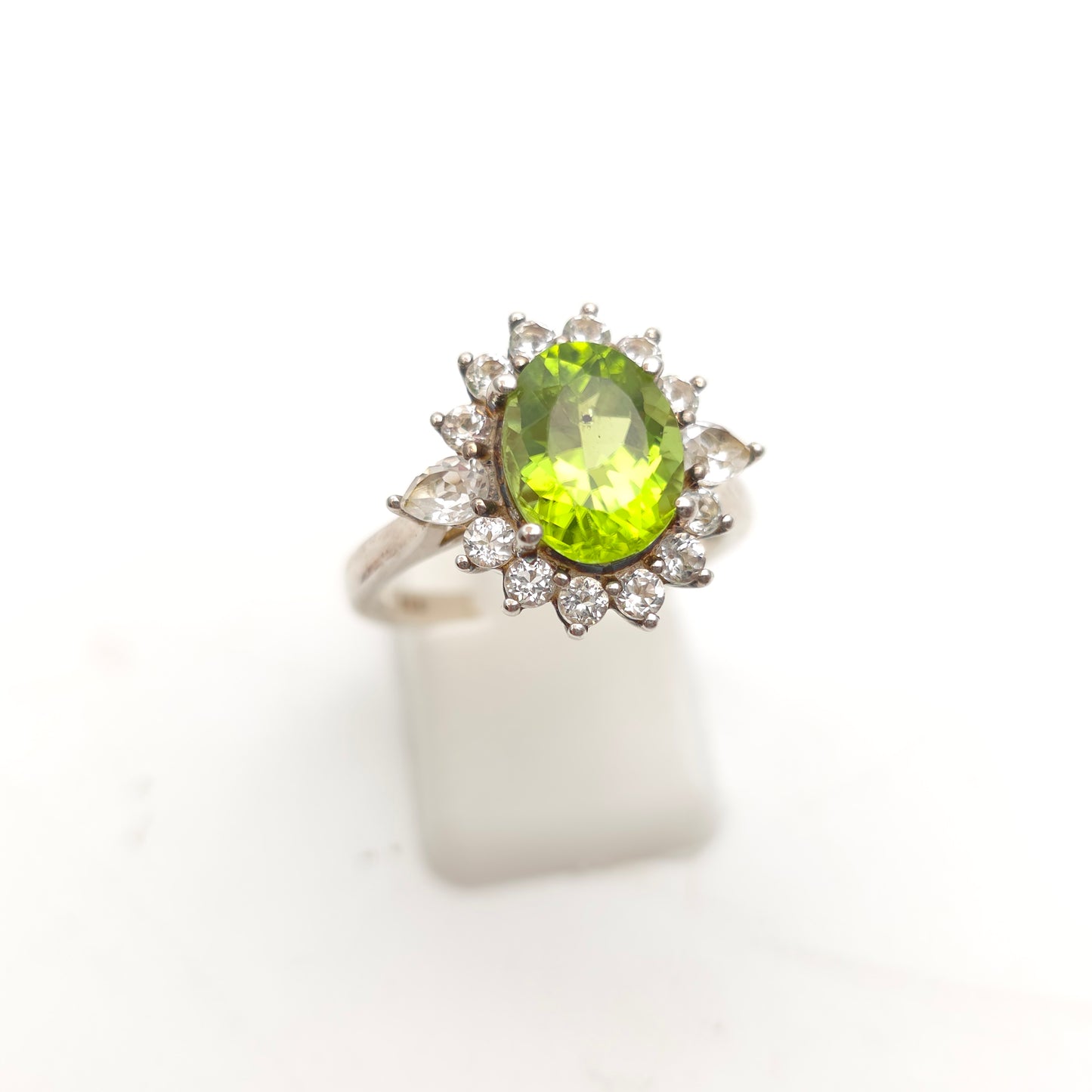 Sterling Silver Large Oval Cut Peridot And White Stone Cluster Ring