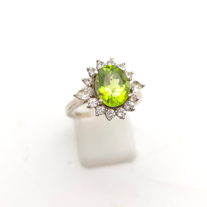 Sterling Silver Large Oval Cut Peridot And White Stone Cluster Ring