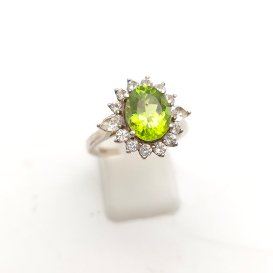 Sterling Silver Large Oval Cut Peridot And White Stone Cluster Ring