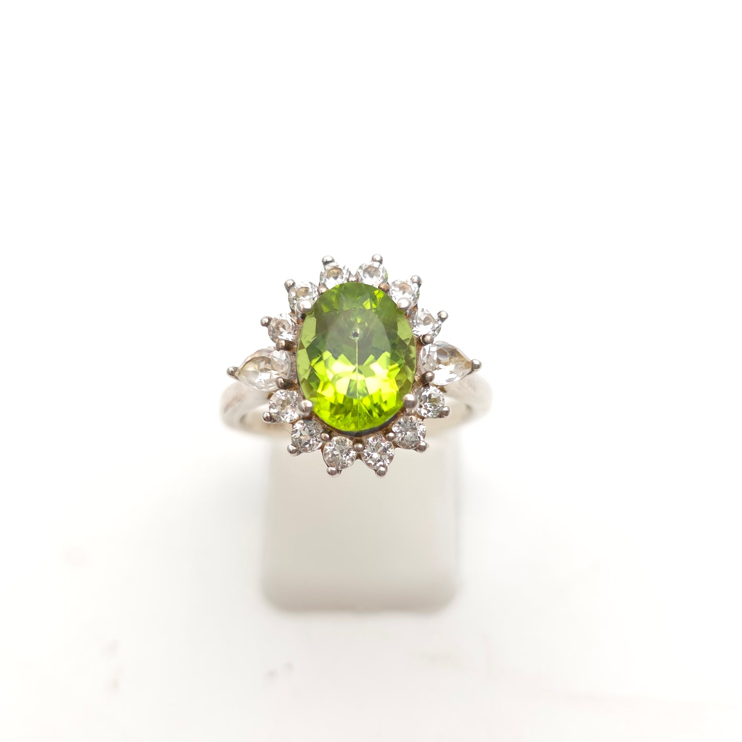Sterling Silver Large Oval Cut Peridot And White Stone Cluster Ring
