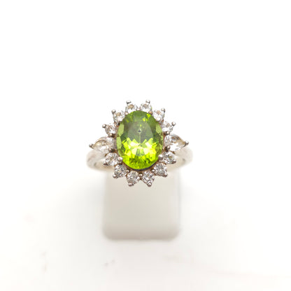 Sterling Silver Large Oval Cut Peridot And White Stone Cluster Ring