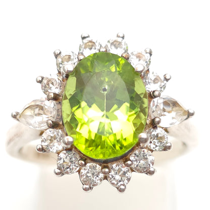 Sterling Silver Large Oval Cut Peridot And White Stone Cluster Ring
