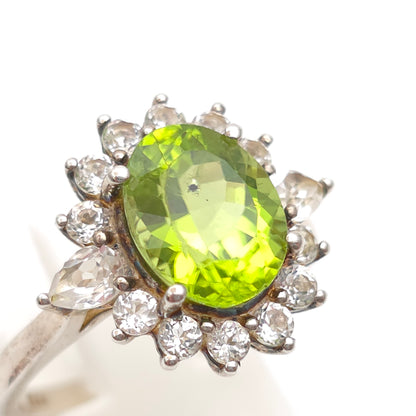 Sterling Silver Large Oval Cut Peridot And White Stone Cluster Ring