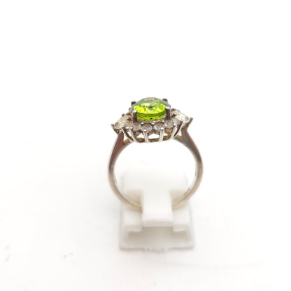 Sterling Silver Large Oval Cut Peridot And White Stone Cluster Ring