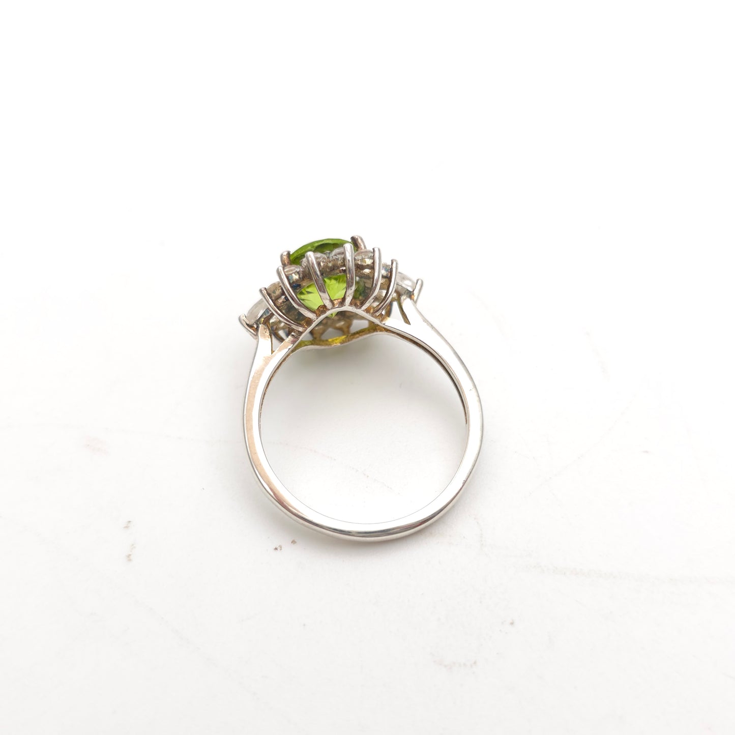 Sterling Silver Large Oval Cut Peridot And White Stone Cluster Ring