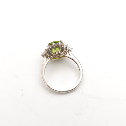 Sterling Silver Large Oval Cut Peridot And White Stone Cluster Ring