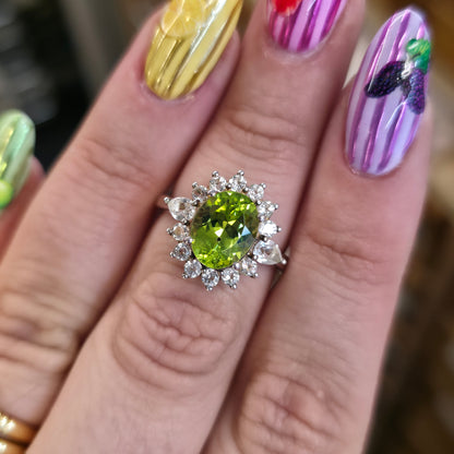 Sterling Silver Large Oval Cut Peridot And White Stone Cluster Ring