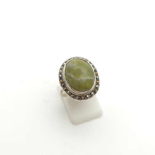 Sterling Silver Vintage Irish Connemara Marble And Marcasite Halo Cluster Ring