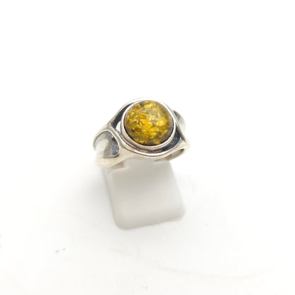 Sterling Silver Vintage Round Amber Cabochon Solitaire Band Ring