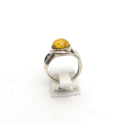 Sterling Silver Vintage Round Amber Cabochon Solitaire Band Ring