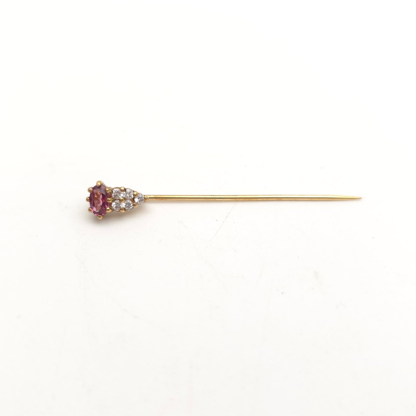 9ct Yellow Gold Vintage Pink And White Stone Topped Stick Pin