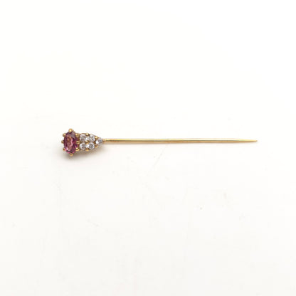 9ct Yellow Gold Vintage Pink And White Stone Topped Stick Pin