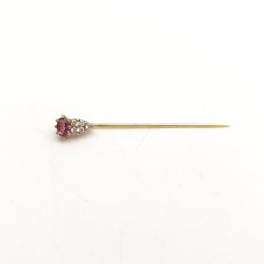 9ct Yellow Gold Vintage Pink And White Stone Topped Stick Pin