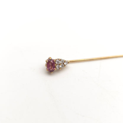 9ct Yellow Gold Vintage Pink And White Stone Topped Stick Pin