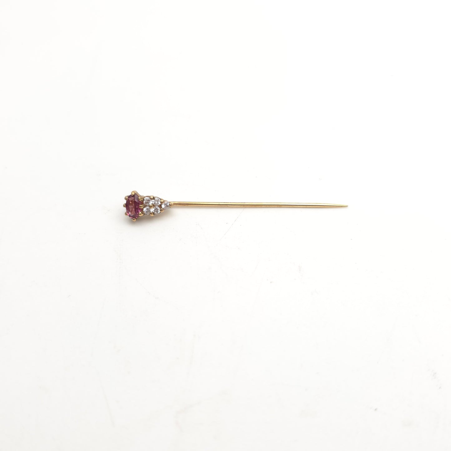 9ct Yellow Gold Vintage Pink And White Stone Topped Stick Pin