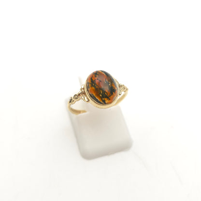 9ct Yellow Gold Vintage Oval Cabochon Moss Agate Solitaire Ring