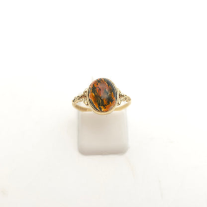 9ct Yellow Gold Vintage Oval Cabochon Moss Agate Solitaire Ring