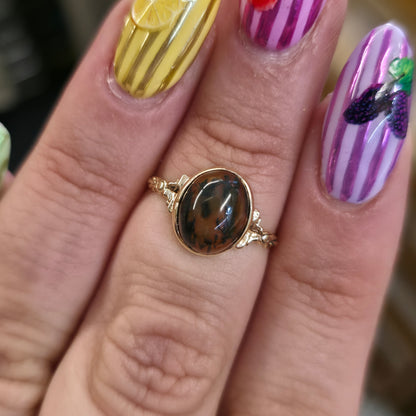9ct Yellow Gold Vintage Oval Cabochon Moss Agate Solitaire Ring