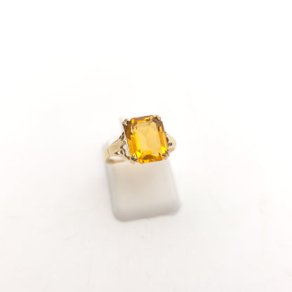 9ct Yellow Gold Antique Emerald Cut Orange Paste Solitaire Ring