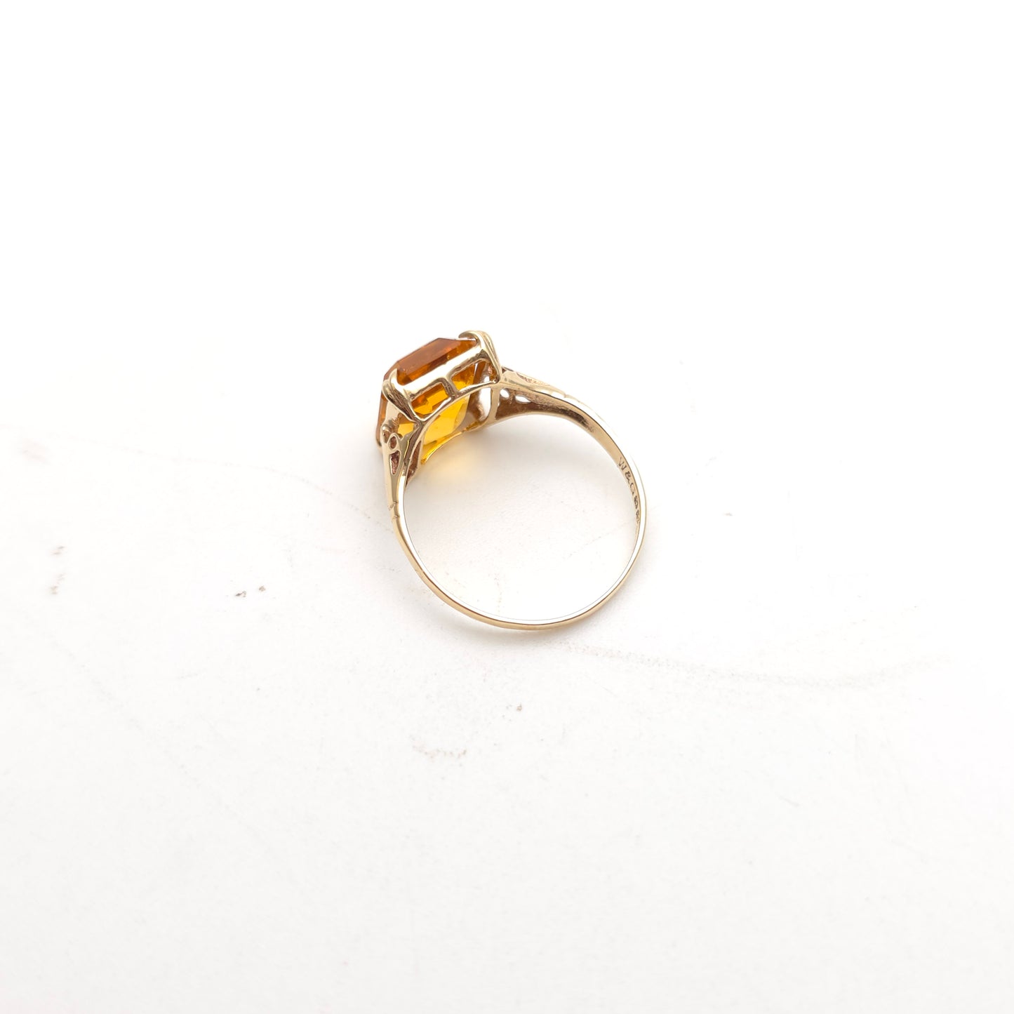 9ct Yellow Gold Antique Emerald Cut Orange Paste Solitaire Ring