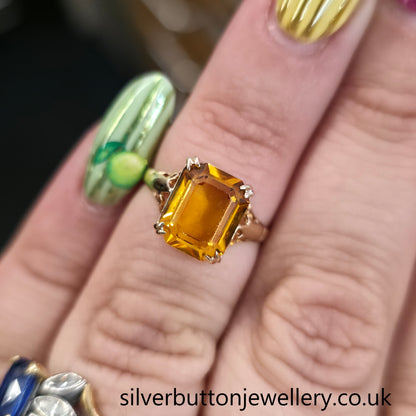 9ct Yellow Gold Antique Emerald Cut Orange Paste Solitaire Ring