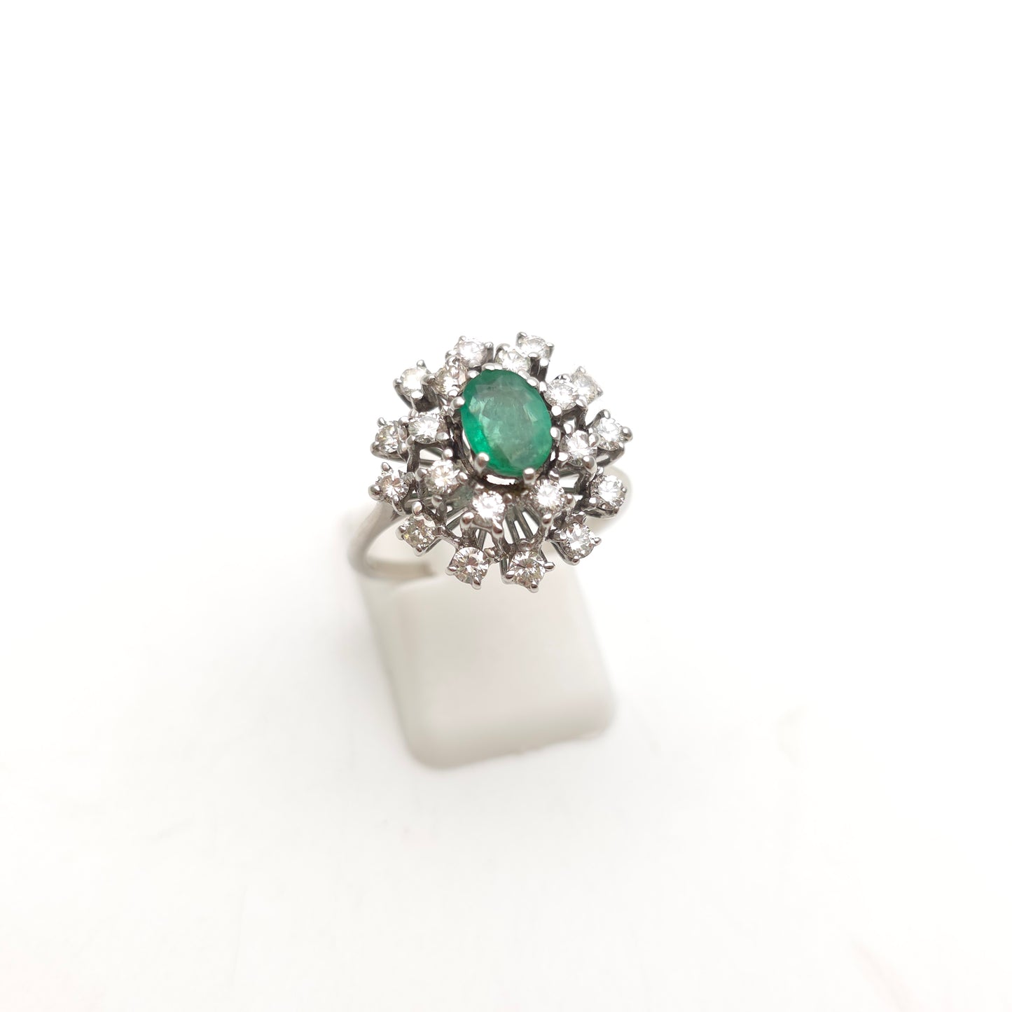 18ct White Gold Vintage Large Emerald And Diamond Multistone Cluster Ring
